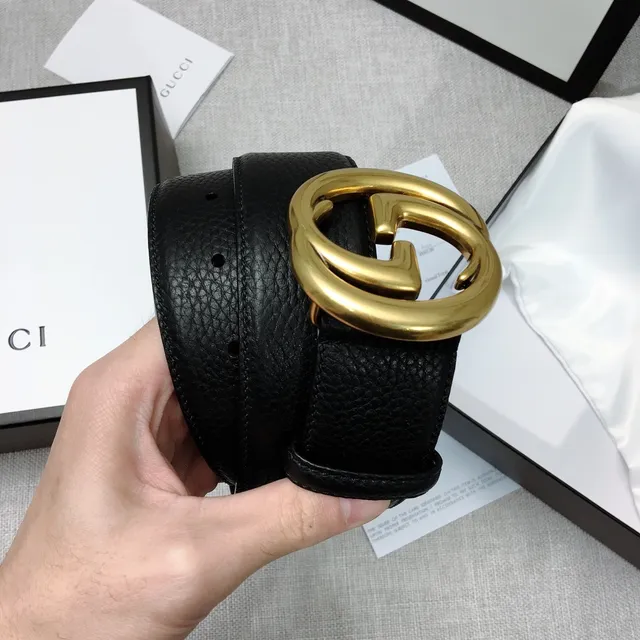 Gucci GG Marmont Preto Dourado Interlocking G Buckle Couro Pebbled Cinto 3