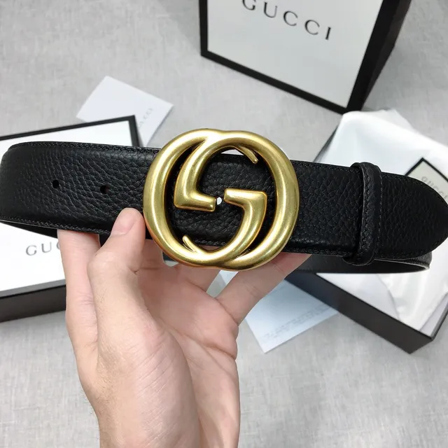 Gucci GG Marmont Preto Dourado Interlocking G Buckle Couro Pebbled Cinto 4