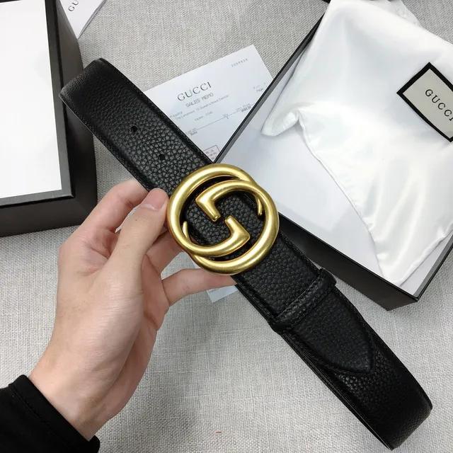 Gucci GG Marmont Preto Dourado Interlocking G Buckle Couro Pebbled Cinto 5