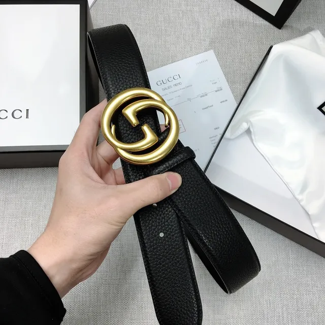 Gucci GG Marmont Preto Dourado Interlocking G Buckle Couro Pebbled Cinto 6