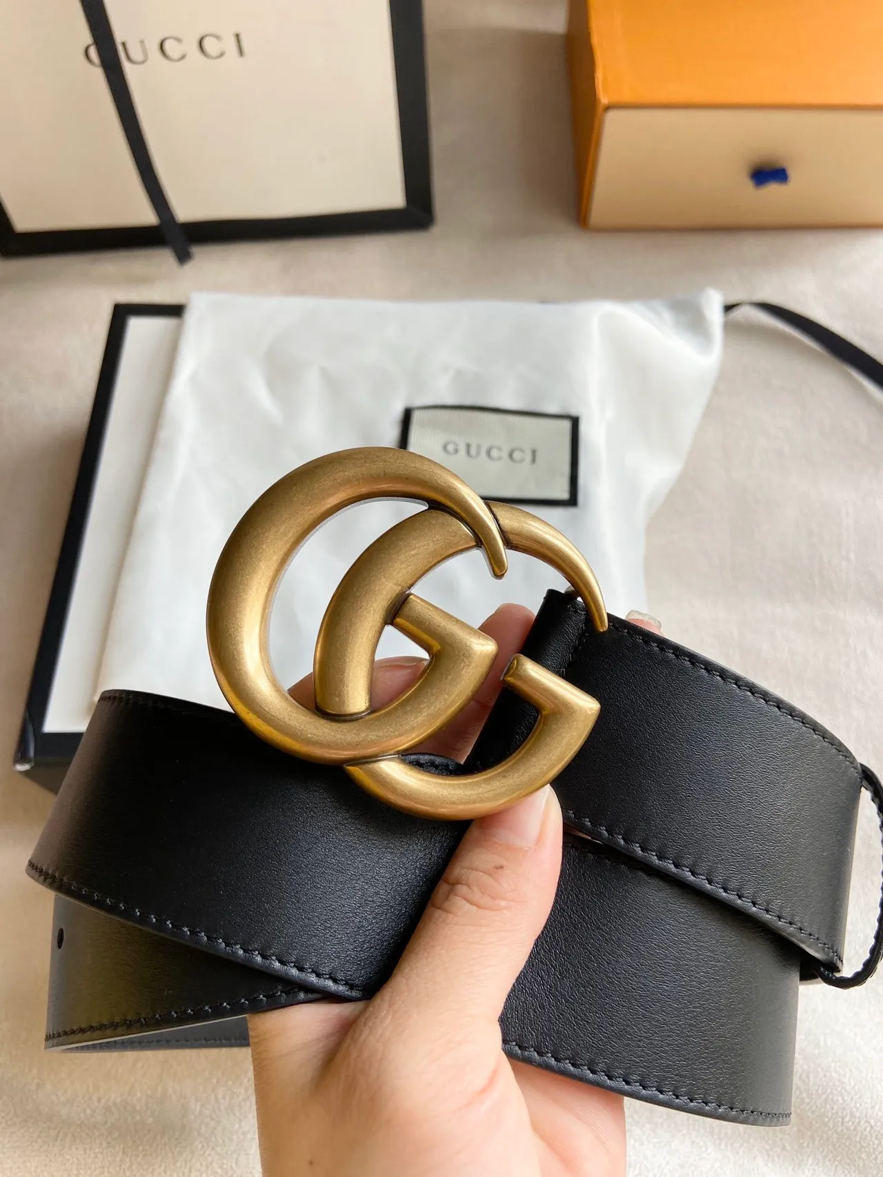 Gucci GG Marmont Black Gold Interlocking G Buckle Smooth Leather Belt 4