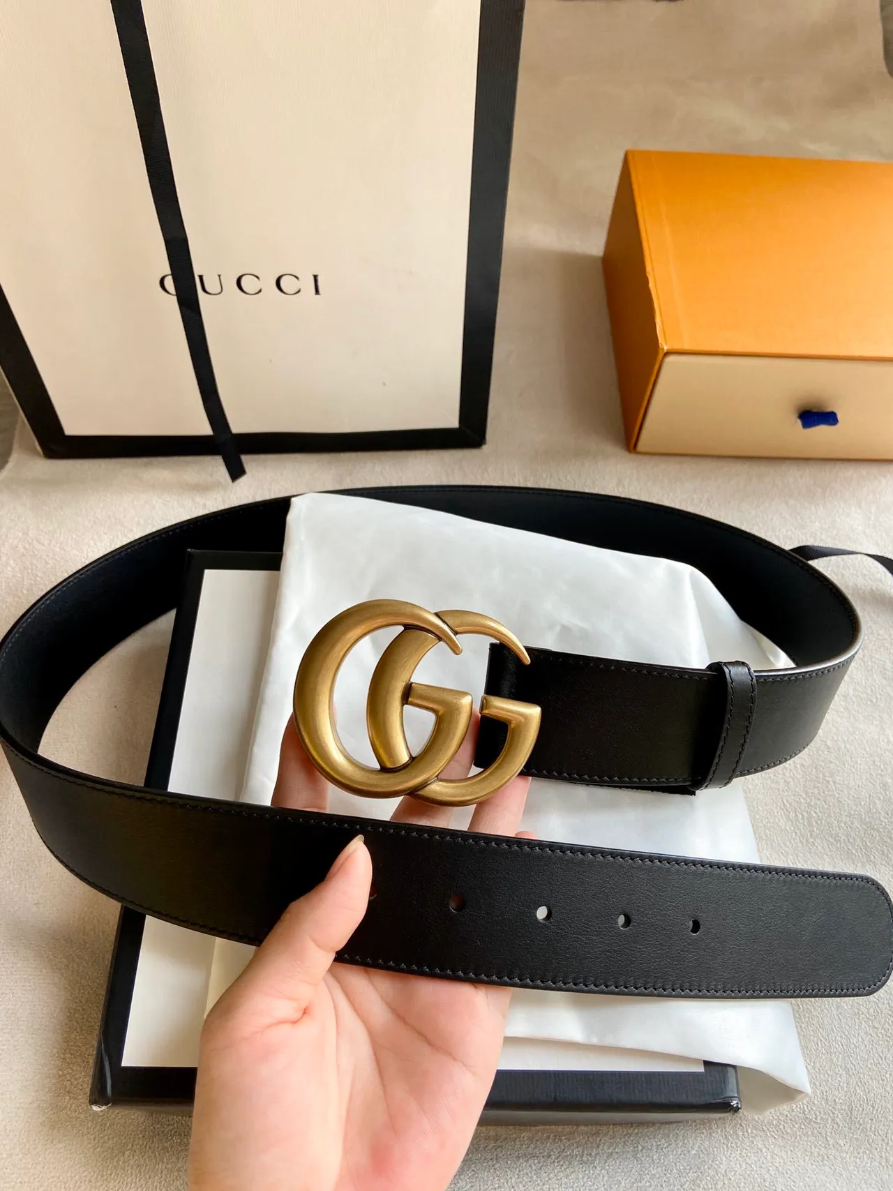 Gucci GG Marmont Black Gold Interlocking G Buckle Smooth Leather Belt 5