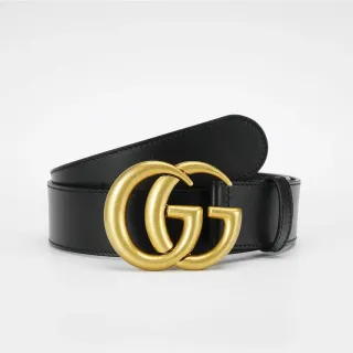 Gucci GG Marmont কালো সোনা মসৃণ অতিরিক্ত বড় Interlocking G বাকল চামড়ার বেল্ট