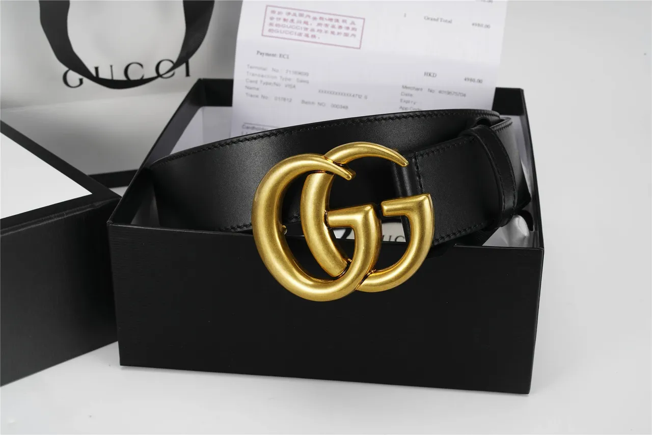 Gucci GG Marmont Black Gold Smooth Oversized Interlocking G Buckle Leather Belt 12
