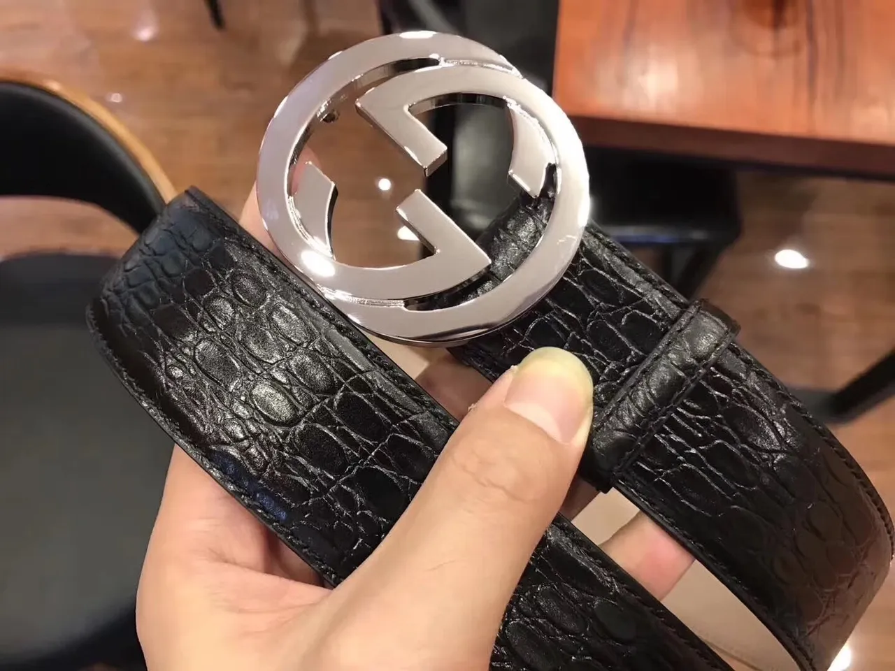 Gucci GG Marmont Crocodile-Embossed Black Leather Belt 3