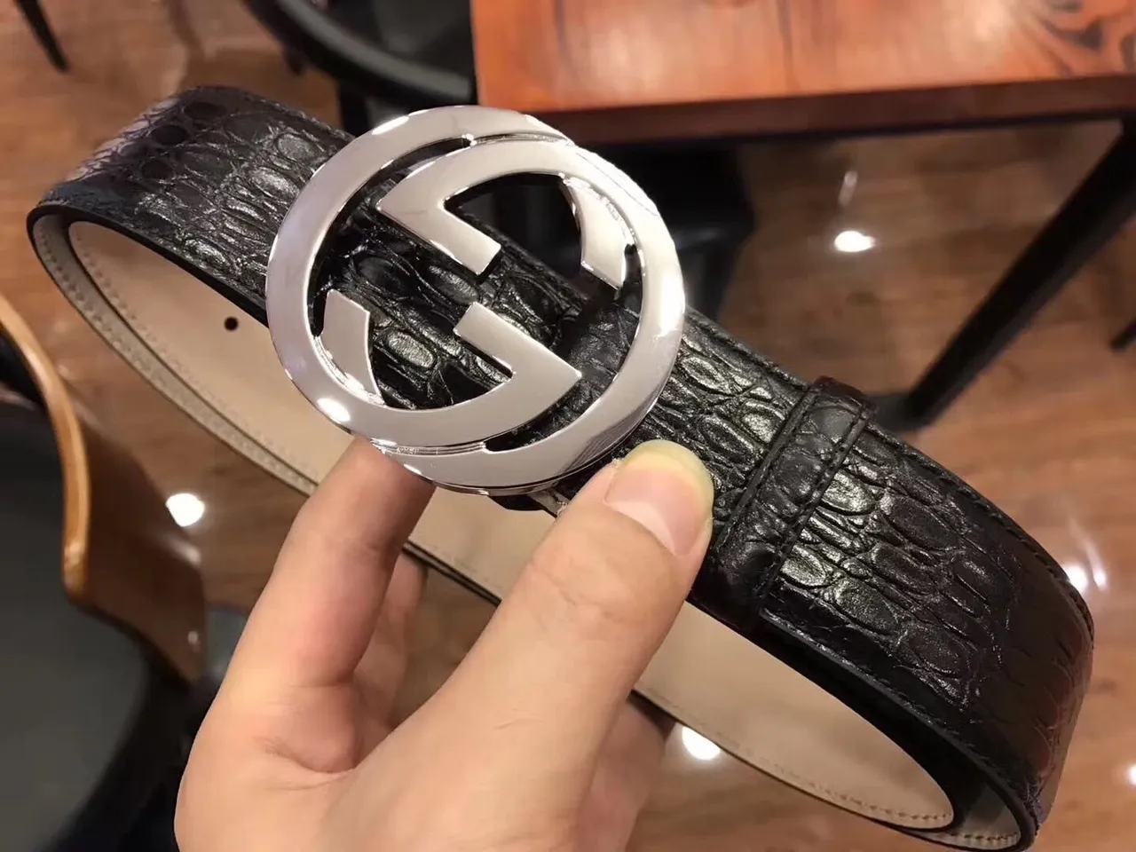 Gucci GG Marmont Crocodile-Embossed Black Leather Belt 4