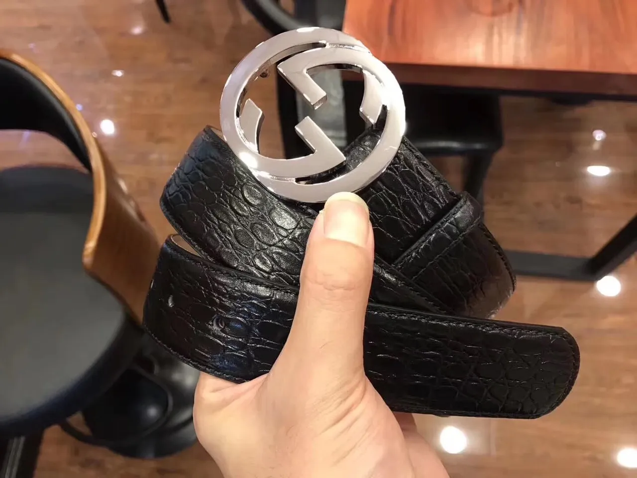 Gucci GG Marmont Crocodile-Embossed Black Leather Belt 5