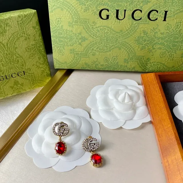 Gucci GG Marmont Crystal-Encrusted Red Gemstone Dangling Earrings 5