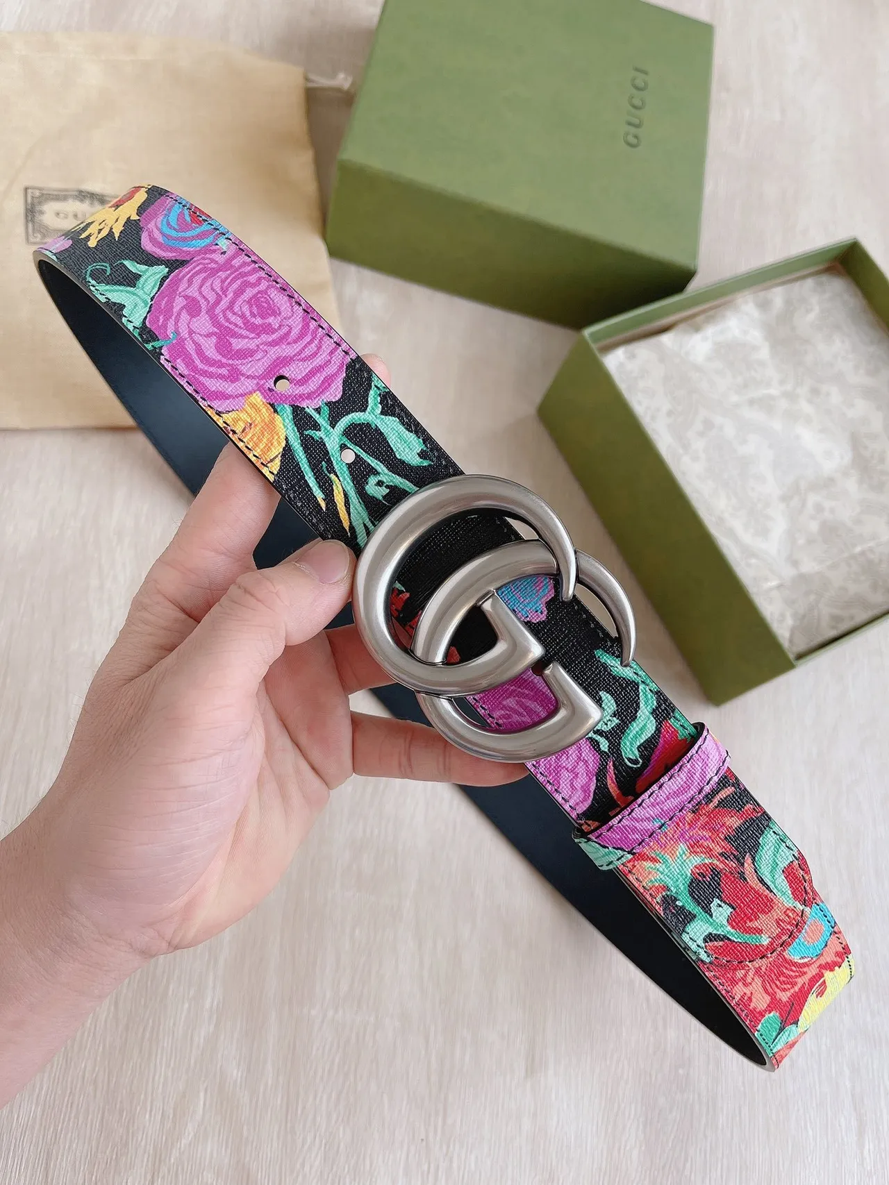 Gucci GG Marmont ফ্লোরাল-প্রিন্ট কালো চামড়ার বেল্ট 6