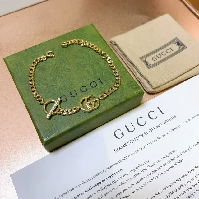 Gucci GG Marmont Gold Silver Curb Chain Interlocking Double G Logo Bracelet 7