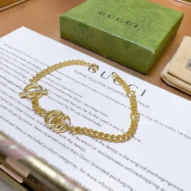 Gucci GG Marmont Gold Silver Curb Chain Interlocking Double G Logo Bracelet 9