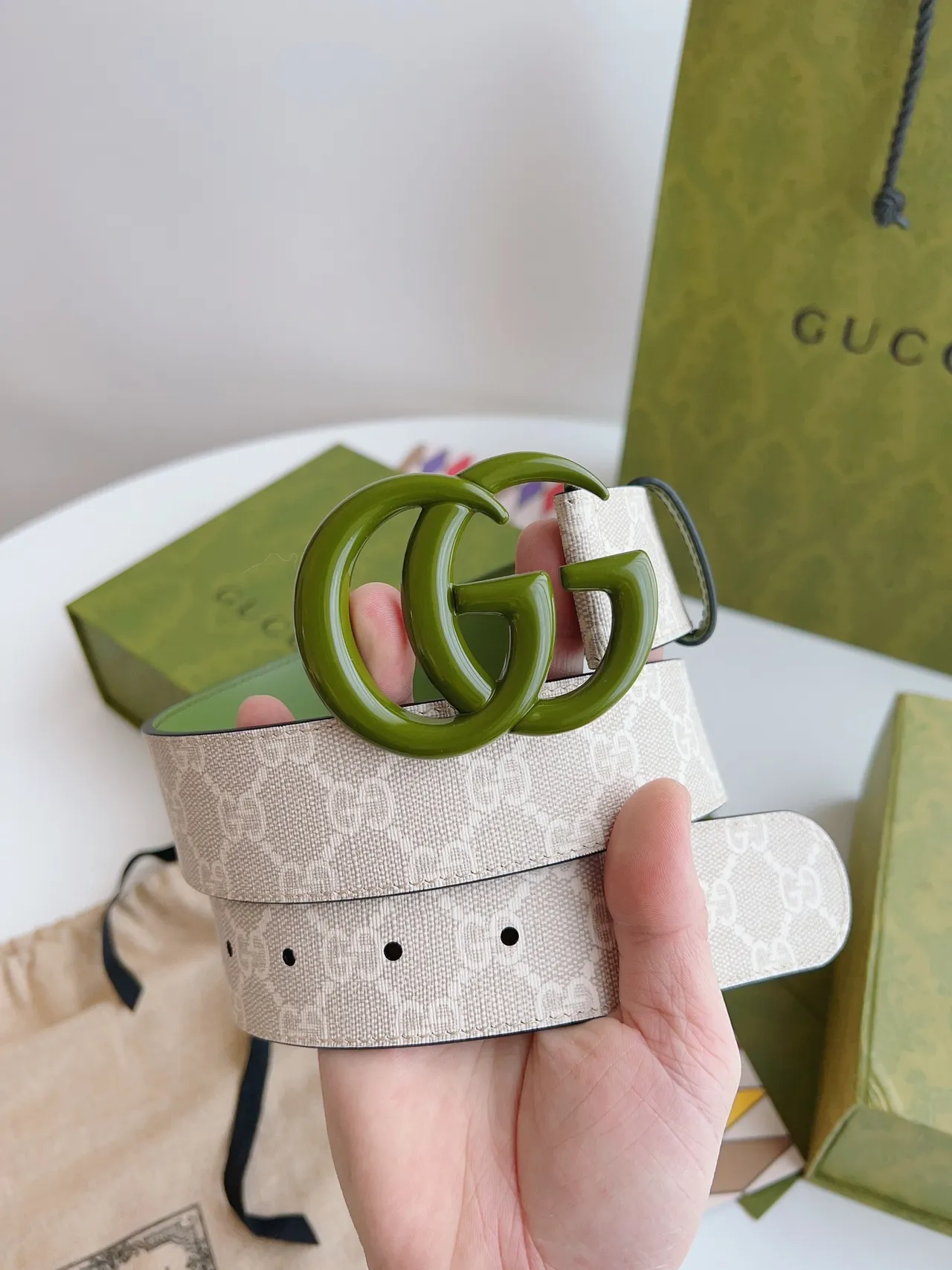 Gucci GG Marmont 绿米色 互锁 G 扣 印花 织带 皮带 2
