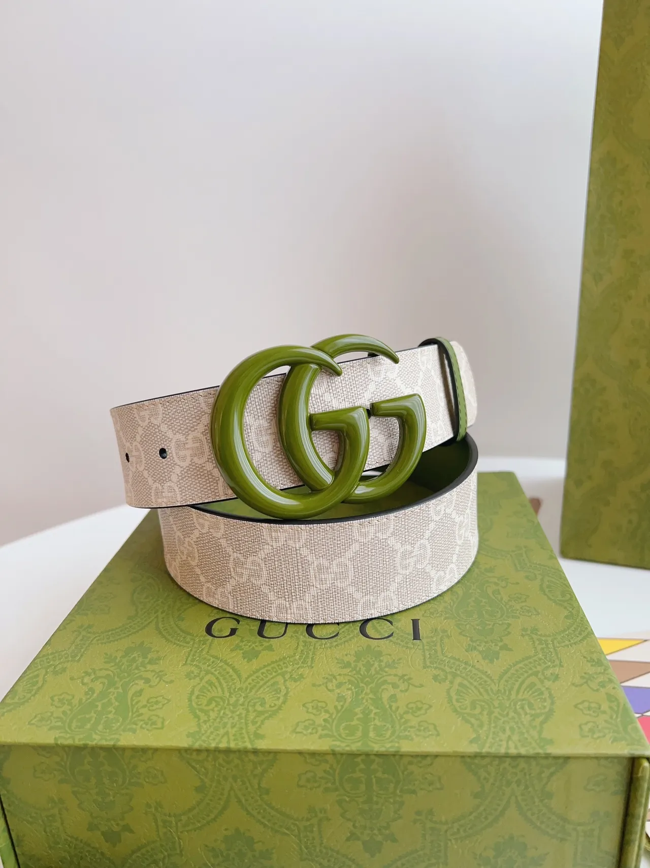 Gucci GG Marmont 绿米色 互锁 G 扣 印花 织带 皮带 3
