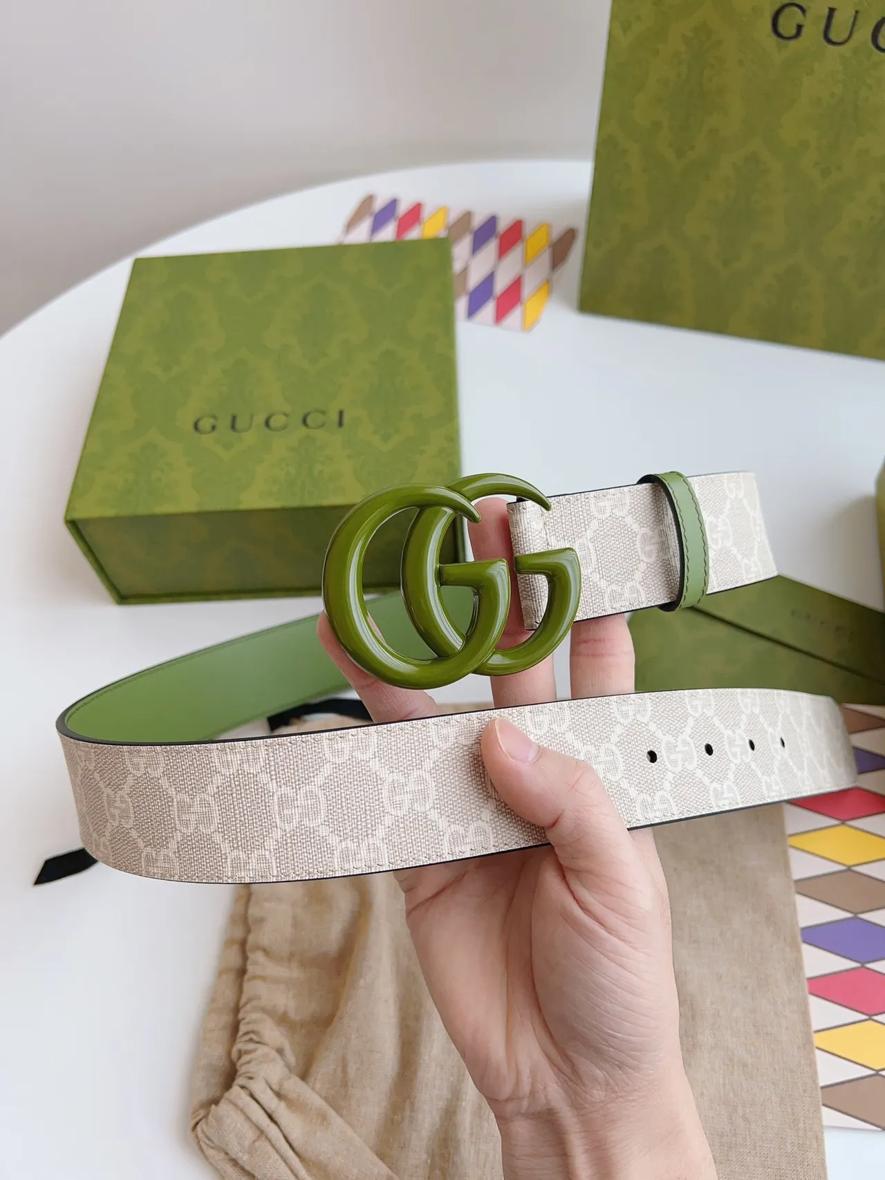 Gucci GG Marmont 绿米色 互锁 G 扣 印花 织带 皮带 5