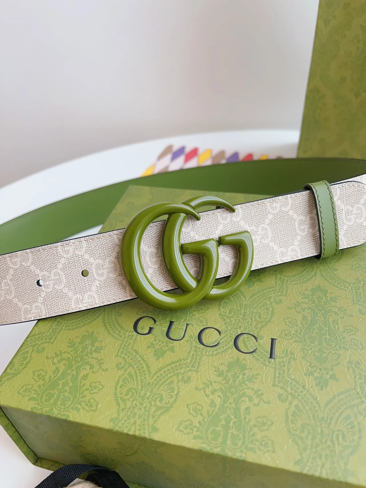 Gucci GG Marmont 绿米色 互锁 G 扣 印花 织带 皮带 6