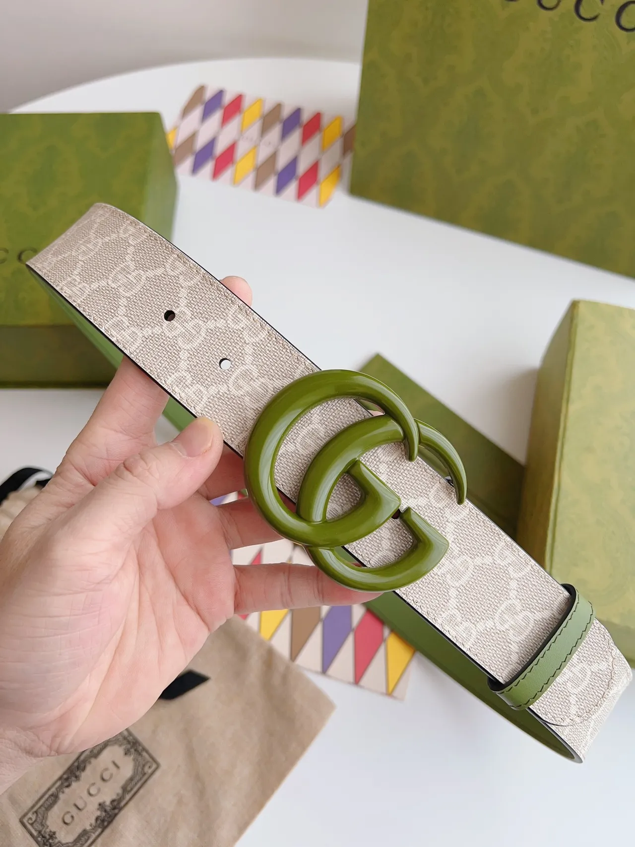 Gucci GG Marmont 绿米色 互锁 G 扣 印花 织带 皮带 7