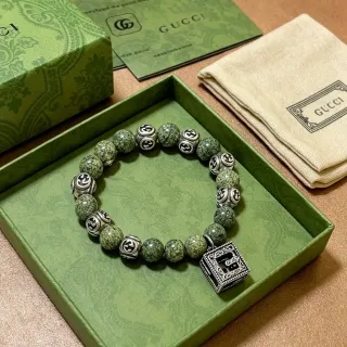 Gucci GG Marmont Green Silver Beaded Interlocking G Motif Bracelet