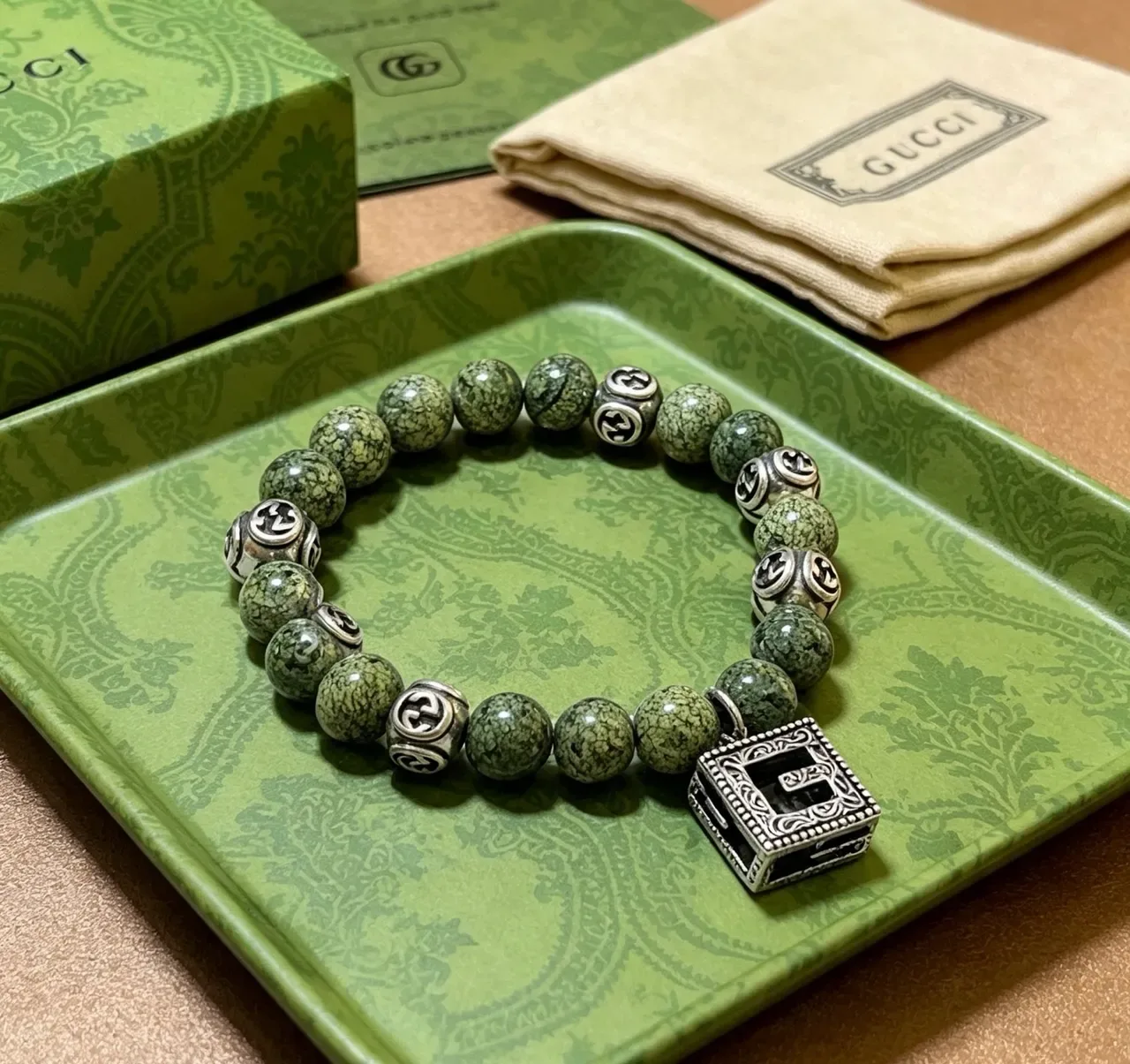 Gucci GG Marmont Green Silver Beaded Interlocking G Motif Bracelet 2