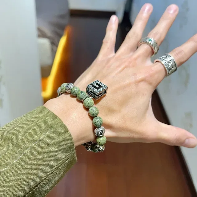 Gucci GG Marmont Green Silver Beaded Interlocking G Motif Bracelet 3