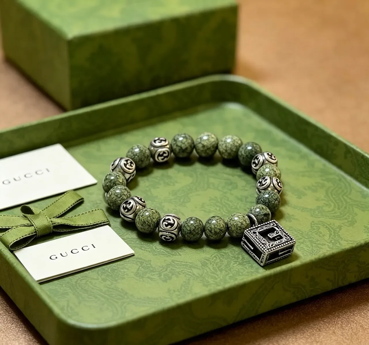 Gucci GG Marmont Green Silver Beaded Interlocking G Motif Bracelet 4