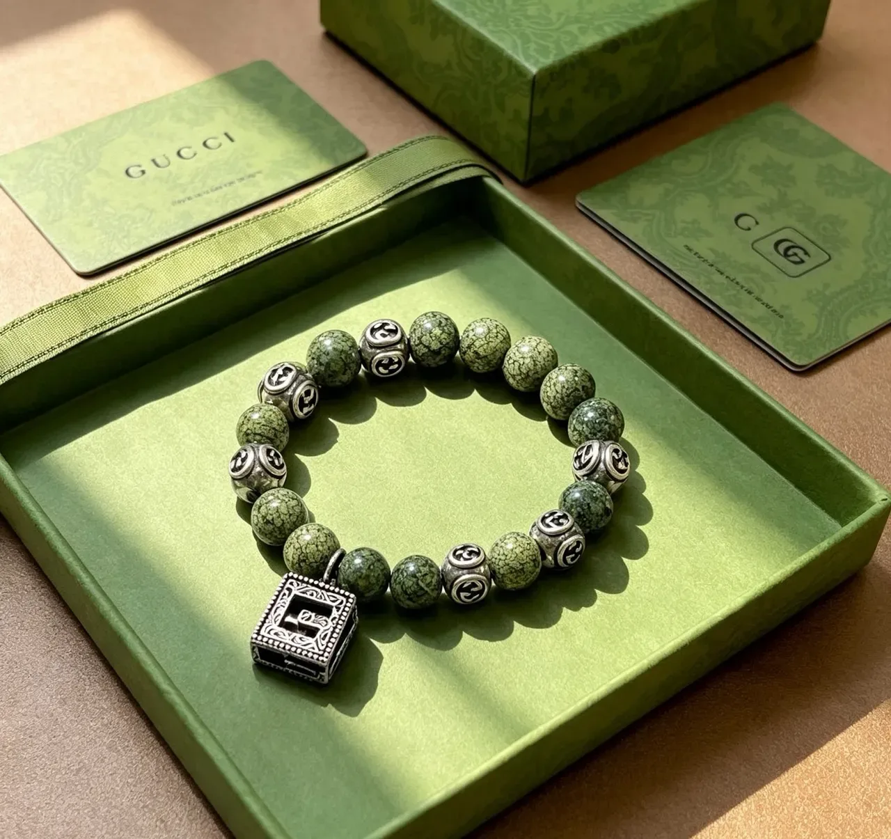 Gucci GG Marmont Green Silver Beaded Interlocking G Motif Bracelet 6