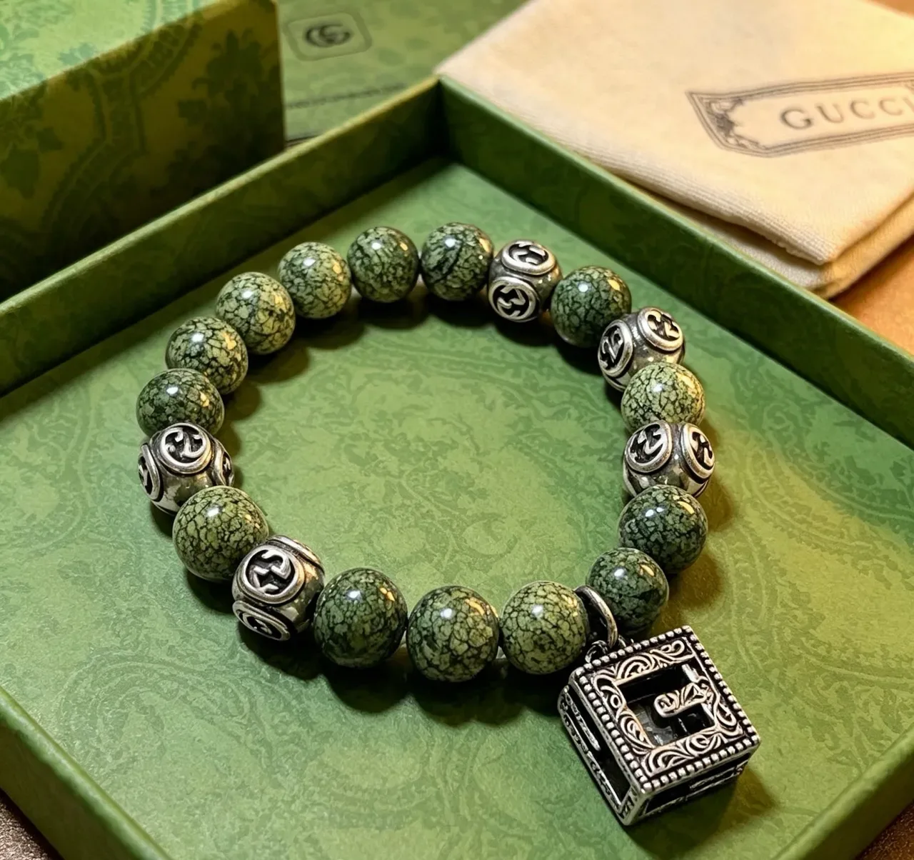 Gucci GG Marmont Green Silver Beaded Interlocking G Motif Bracelet 7
