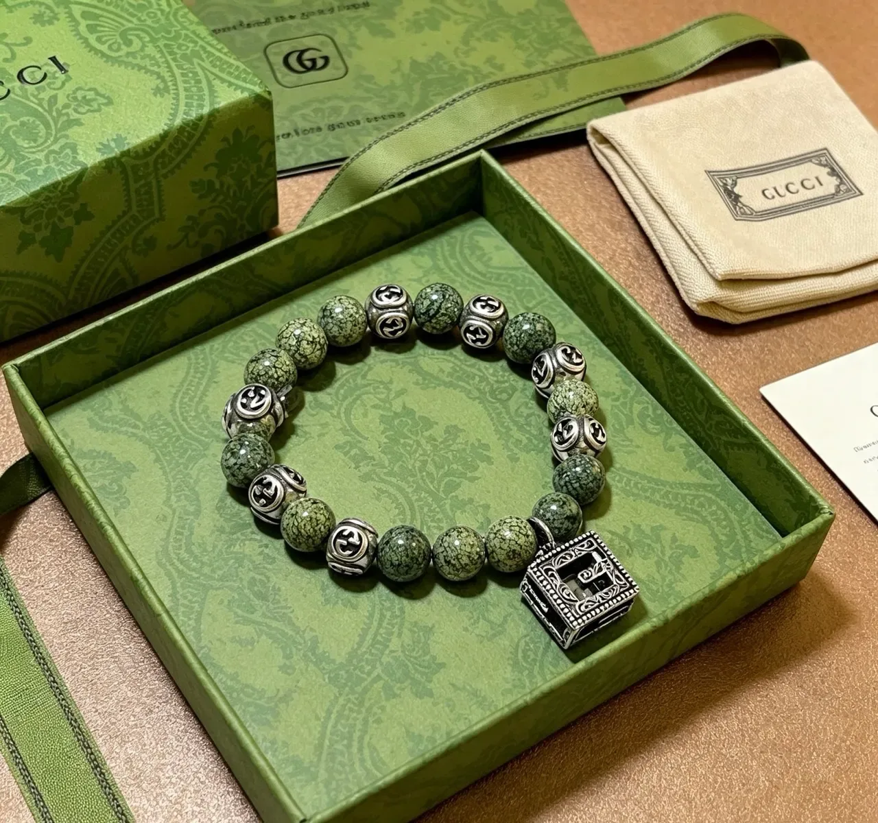 Gucci GG Marmont Green Silver Beaded Interlocking G Motif Bracelet 9