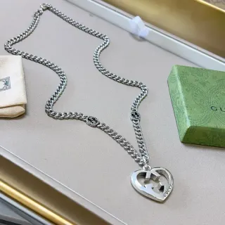 Gucci GG Marmont Heart Pendant Silver Chain Necklace