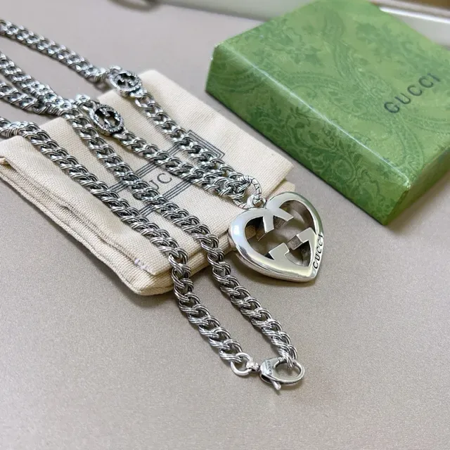 Gucci GG Marmont Heart Pendant Silver Chain Necklace 9