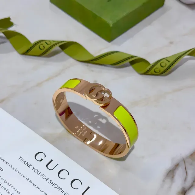 Gucci GG Marmont Lime Green Enamel Rose Gold-Tone Hinged Bracelet 7