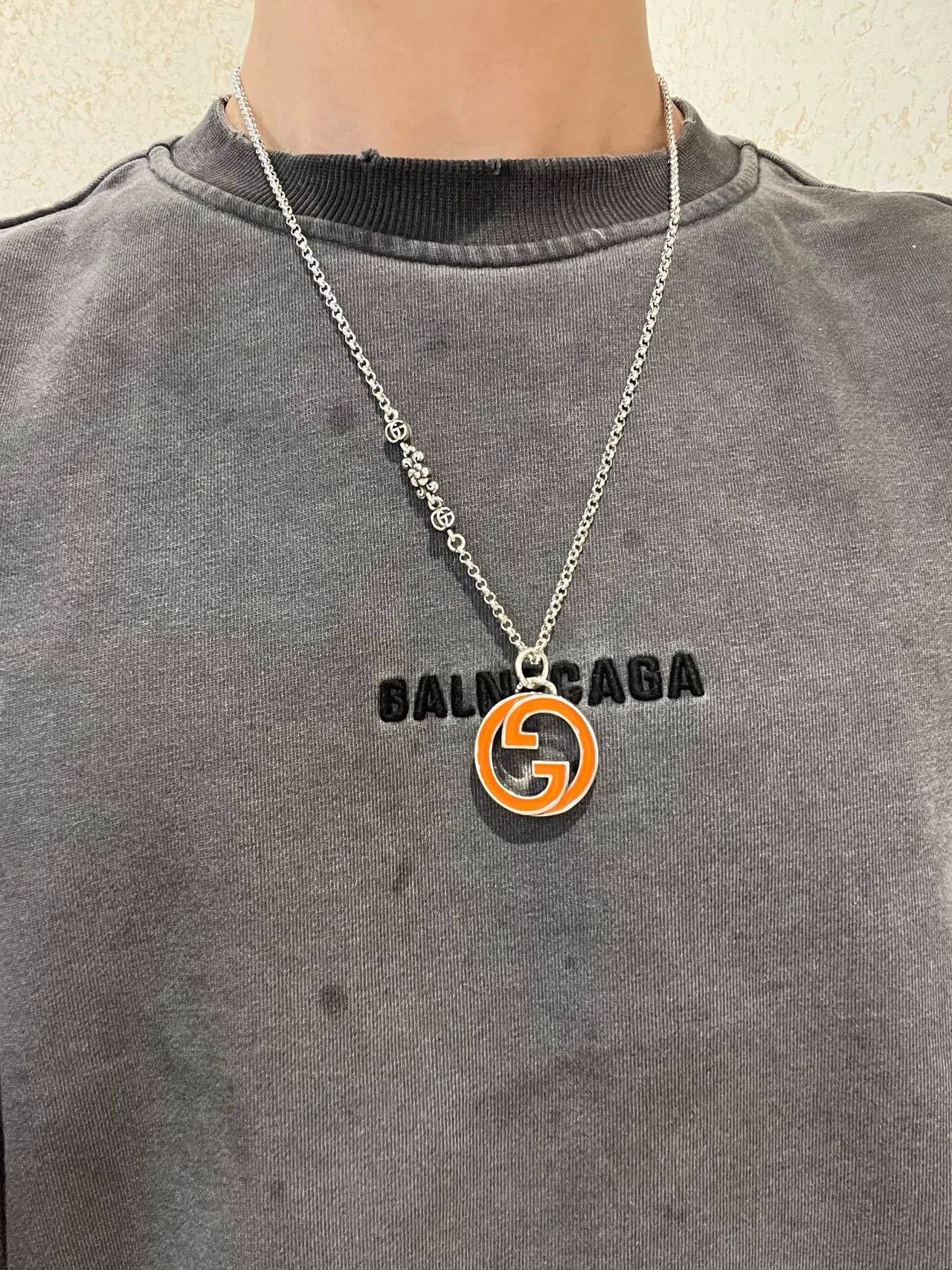 Gucci GG Marmont Orange and Black Enamel Interlocking G Necklace 2