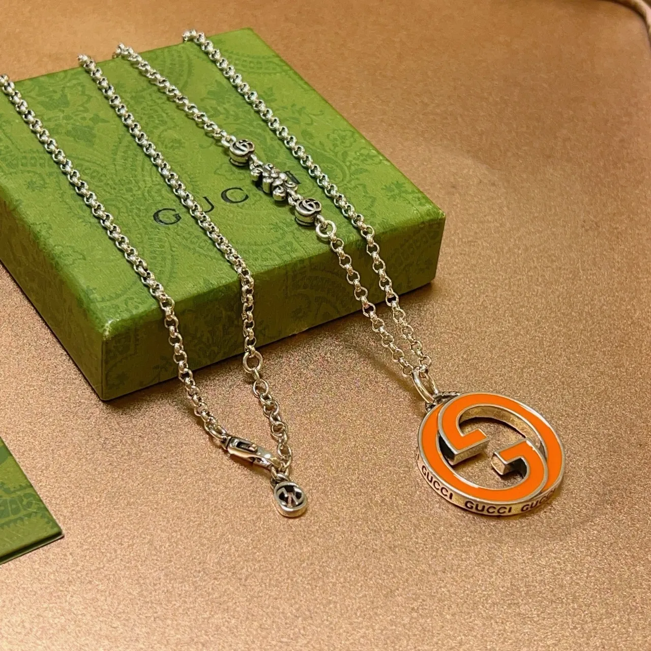 Gucci GG Marmont Orange and Black Enamel Interlocking G Necklace 3