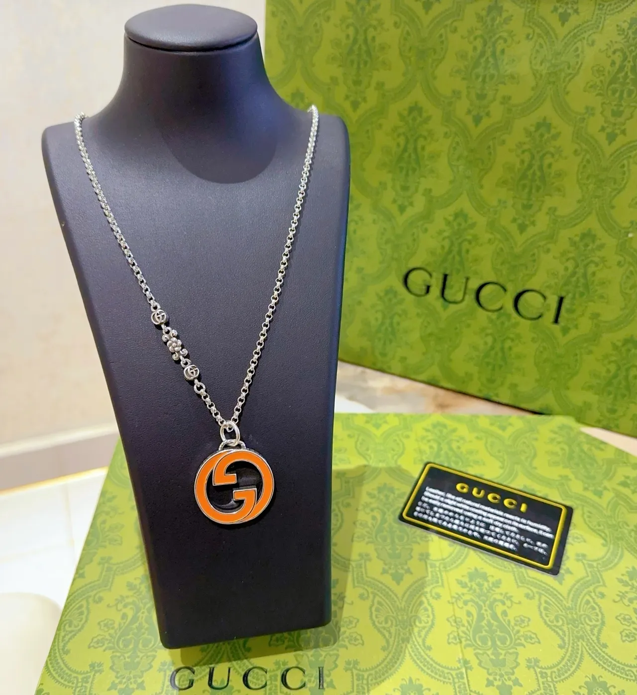 Gucci GG Marmont Orange and Black Enamel Interlocking G Necklace 4