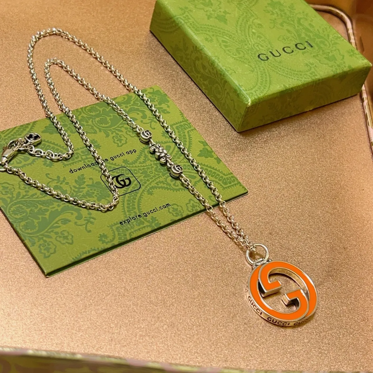 Gucci GG Marmont Orange and Black Enamel Interlocking G Necklace 6