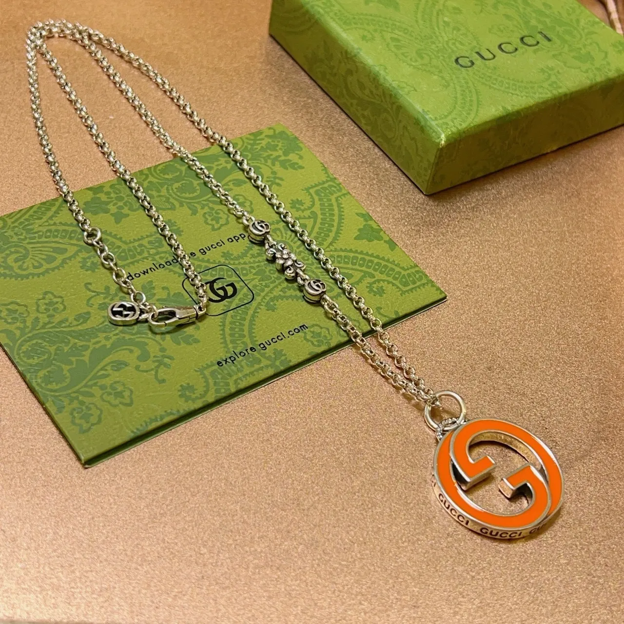 Gucci GG Marmont Orange and Black Enamel Interlocking G Necklace 9