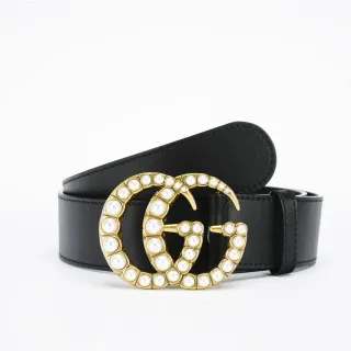 Gucci GG Marmont Pearl-Embellished Gold-Tone Double G Black Leather Belt