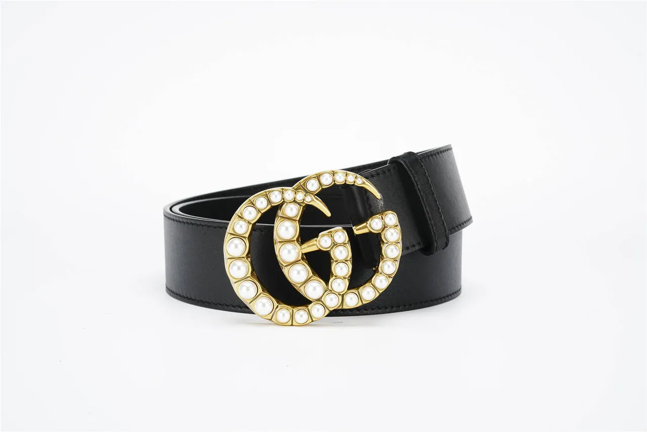 Gucci GG Marmont مرصع بلؤلؤ ذهبي Double G حزام جلد أسود 4