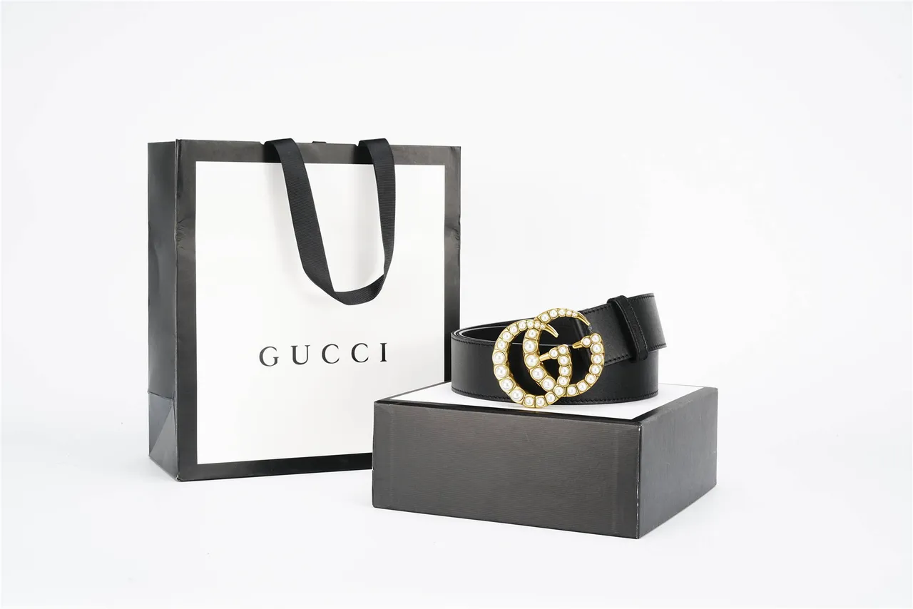 Gucci GG Marmont مرصع بلؤلؤ ذهبي Double G حزام جلد أسود 5