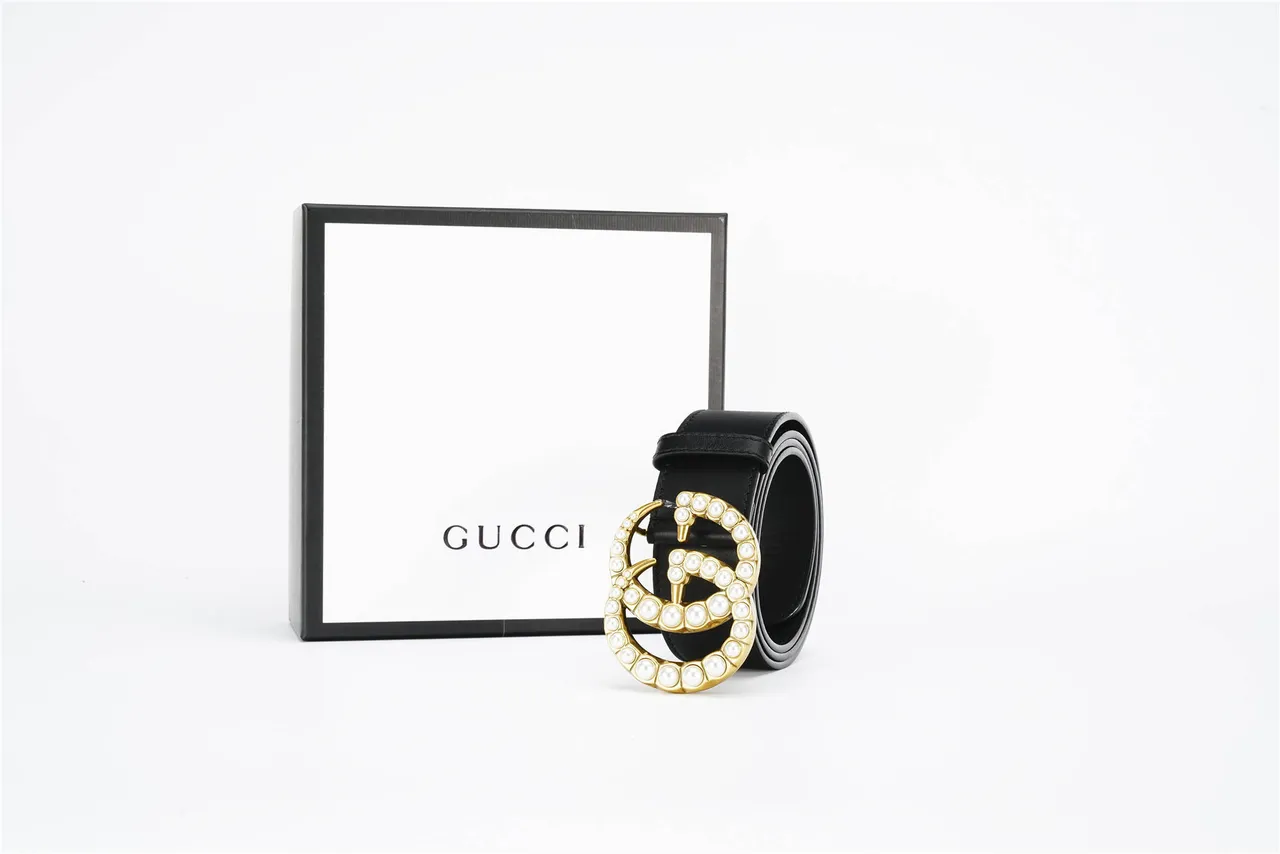 Gucci GG Marmont مرصع بلؤلؤ ذهبي Double G حزام جلد أسود 6