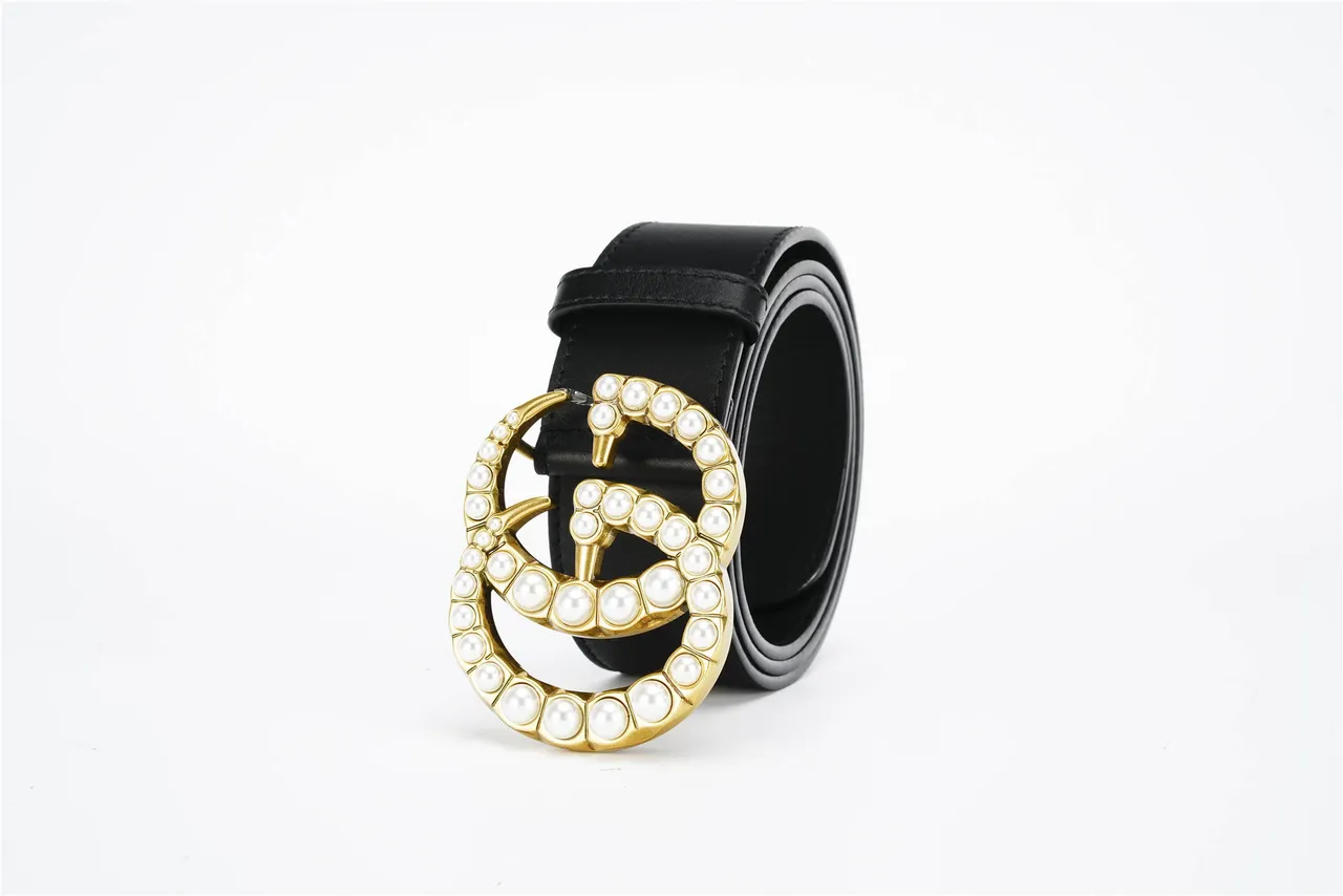 Gucci GG Marmont مرصع بلؤلؤ ذهبي Double G حزام جلد أسود 7