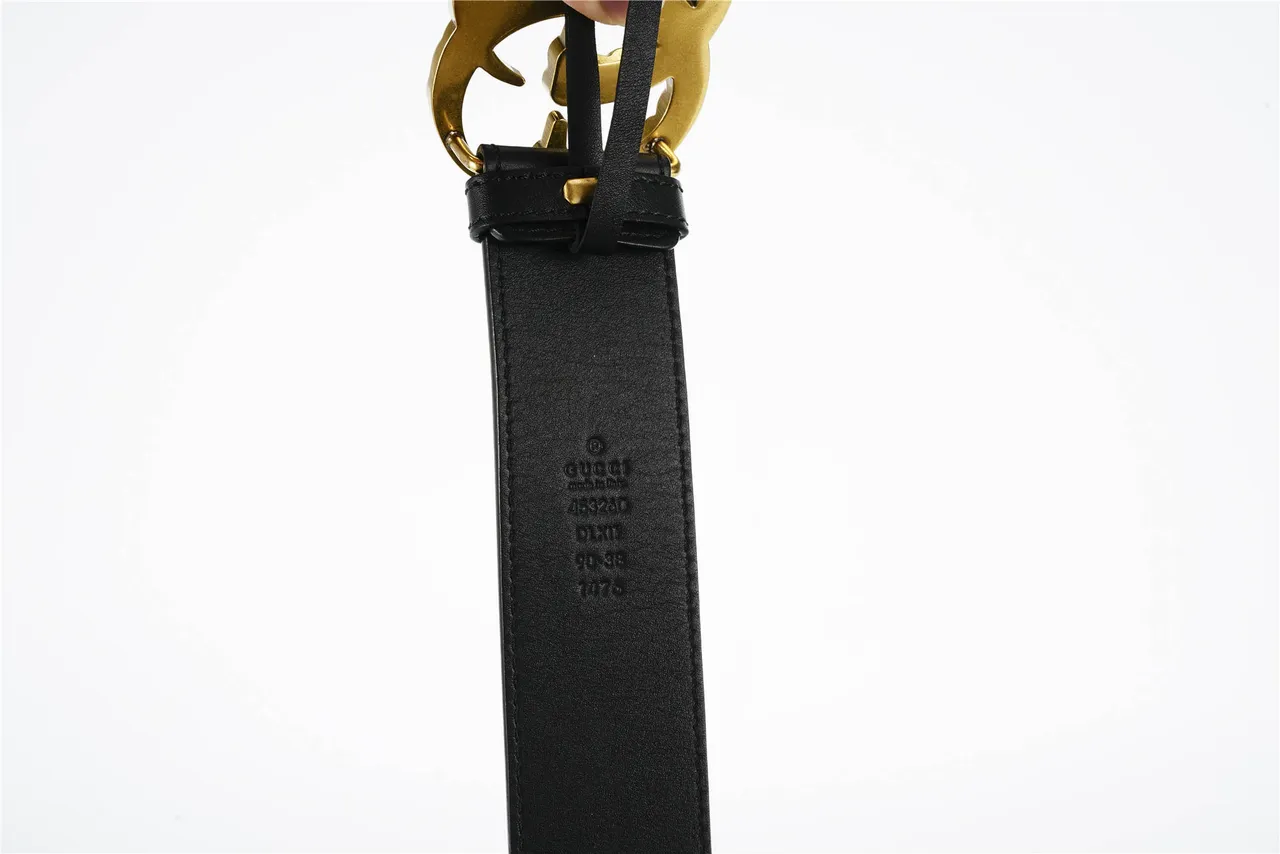 Gucci GG Marmont مرصع بلؤلؤ ذهبي Double G حزام جلد أسود 8
