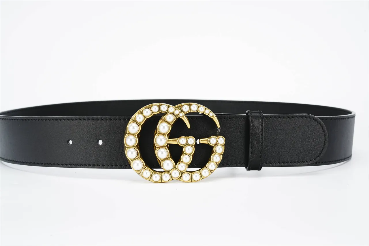 Gucci GG Marmont مرصع بلؤلؤ ذهبي Double G حزام جلد أسود 9