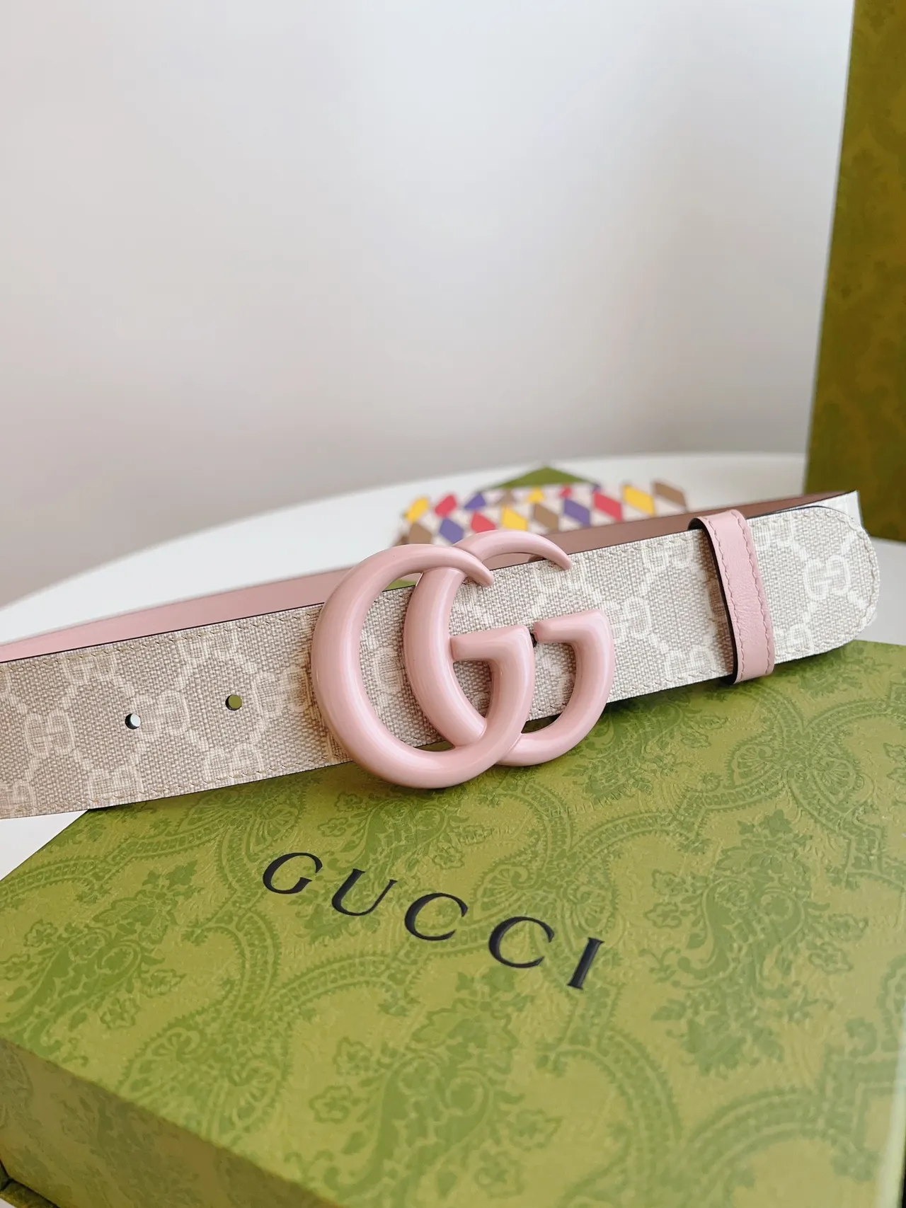 Gucci GG Marmont গোলাপি বেইজ ইন্টারলকিং জি রেজিন বাকল মোনোগ্রাম ক্যানভাস উইবিং লেদার বেল্ট 2