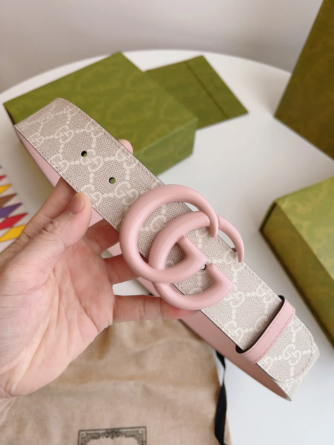 Gucci GG Marmont গোলাপি বেইজ ইন্টারলকিং জি রেজিন বাকল মোনোগ্রাম ক্যানভাস উইবিং লেদার বেল্ট 3
