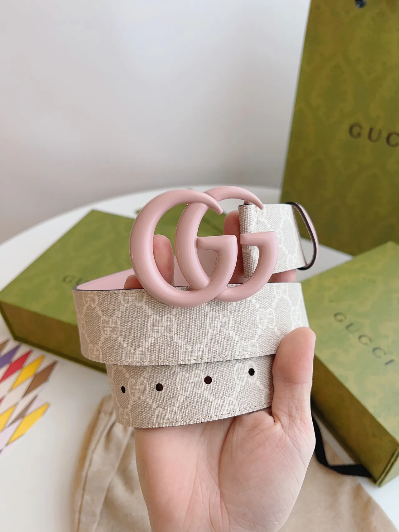 Gucci GG Marmont গোলাপি বেইজ ইন্টারলকিং জি রেজিন বাকল মোনোগ্রাম ক্যানভাস উইবিং লেদার বেল্ট 5