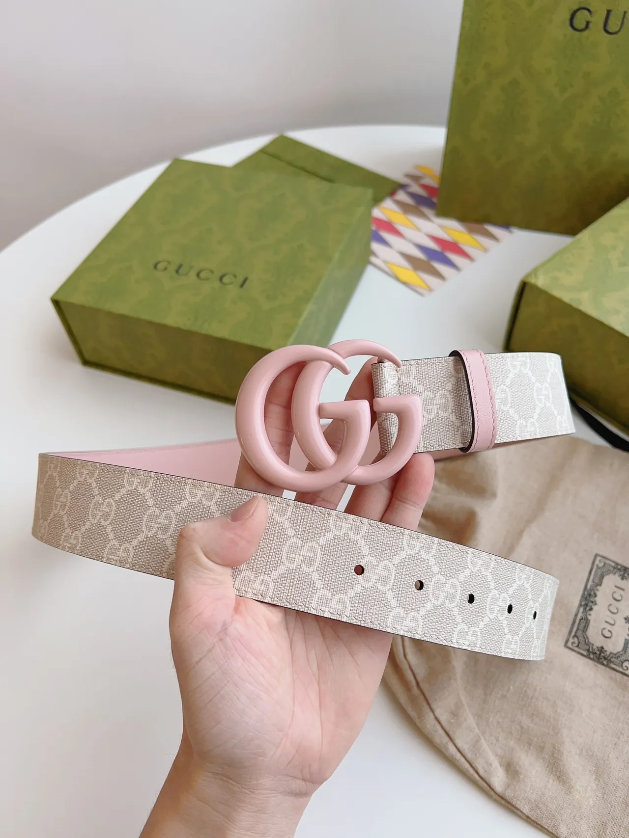 Gucci GG Marmont গোলাপি বেইজ ইন্টারলকিং জি রেজিন বাকল মোনোগ্রাম ক্যানভাস উইবিং লেদার বেল্ট 6