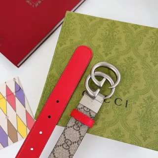 Gucci GG Marmont Red Beige Double G Buckle Supreme Monogram Canvas Leather Belt