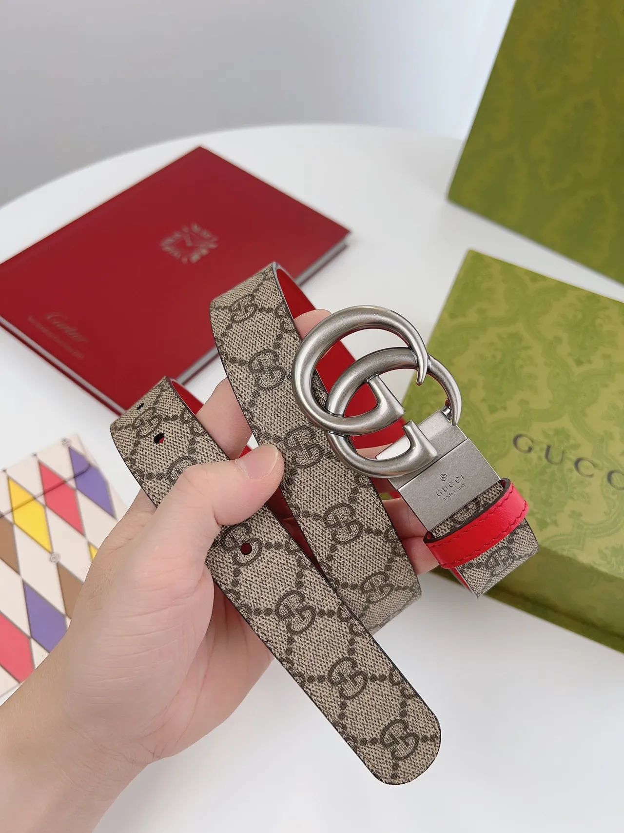 Gucci GG Marmont أحمر بيج إبزيم Double G Supreme Monogram كانفاس جلد 2