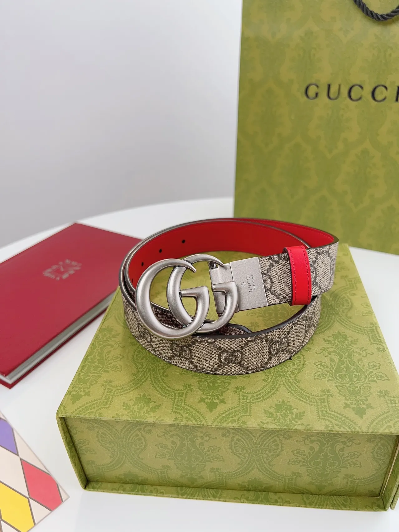 Gucci GG Marmont أحمر بيج إبزيم Double G Supreme Monogram كانفاس جلد 3