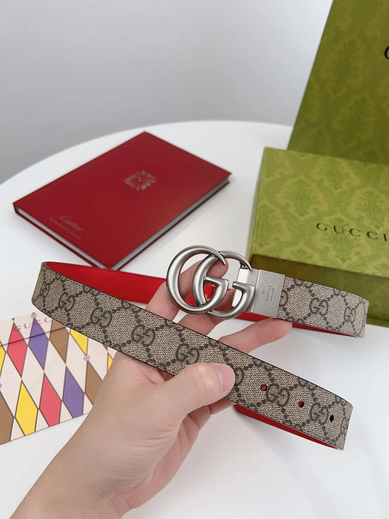 Gucci GG Marmont أحمر بيج إبزيم Double G Supreme Monogram كانفاس جلد 4